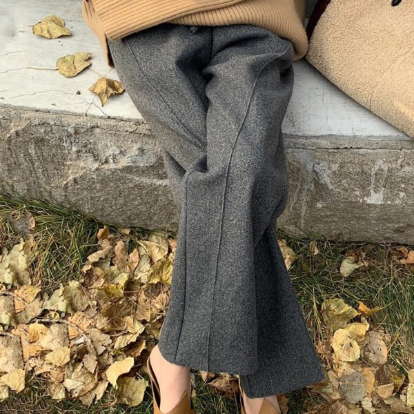 Grey Solid Pockets Woolen Pants Elastic Waist Winter RF019