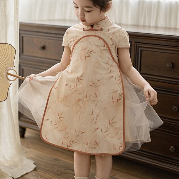 Handmade Orange Stand Collar Tulle Patchwork Kids Maxi Dresses Short Sleeve MN003
