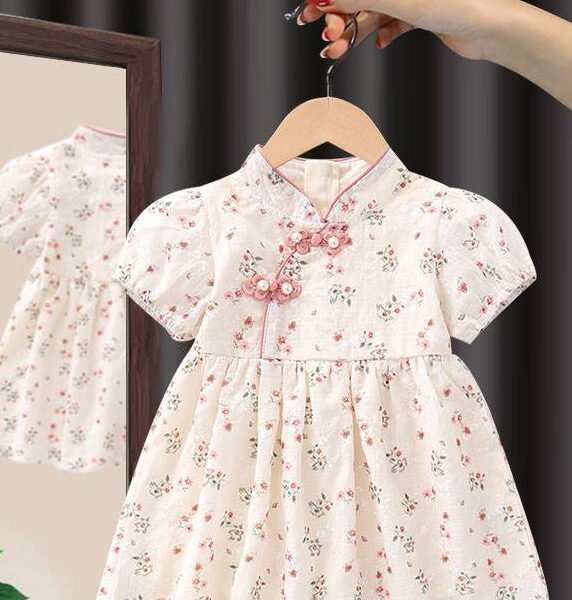 Handmade Pink Stand Collar Print Kids Maxi Dresses Short Sleeve MN018