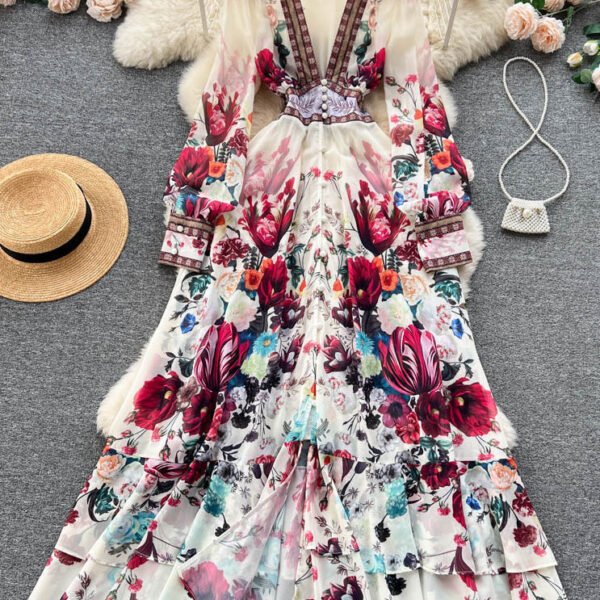Italian Apricot V Neck Print Elastic Waist Chiffon Maxi Dresses Fall TR041