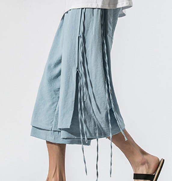 Light Blue Elastic Waist Tassel Men Crop Pants Summer YT024
