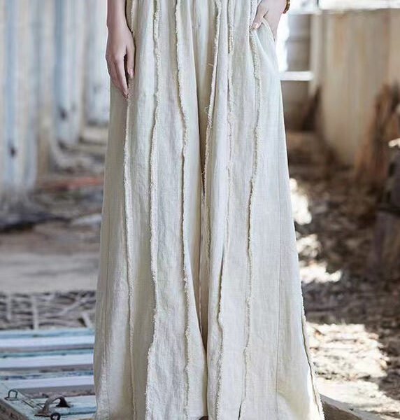 Linen Solid Pockets Linen Wide Leg Pants High Waist QE047
