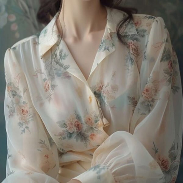 Loose Beige Peter Pan Collar Print Chiffon Shirt Long Sleeve KJ004
