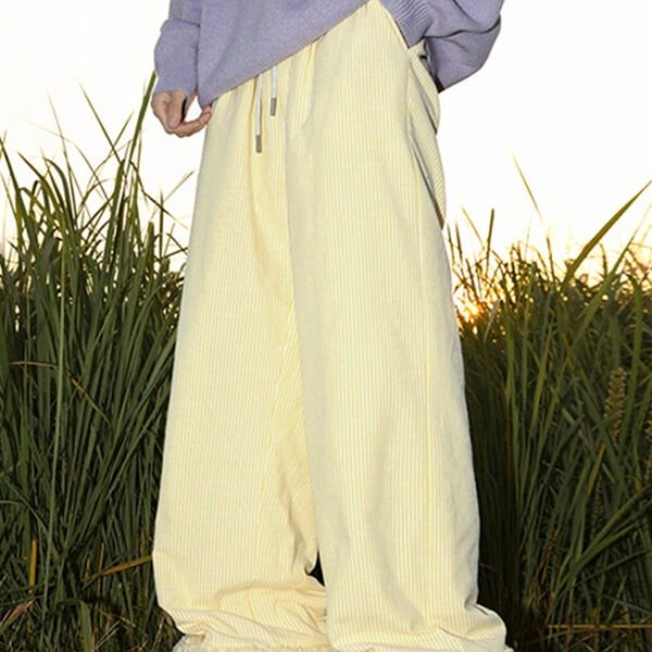 Loose Yellow Pockets Drawstring Warm Fleece Mens Pants Winter RM050