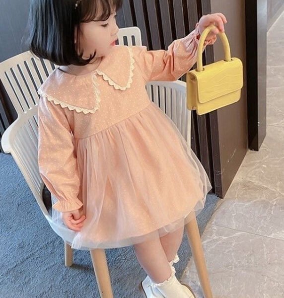 Lovely Pink Peter Pan Collar Dot Tulle Patchwork Kids Vacation Maxi Dresses Fall SS1065
