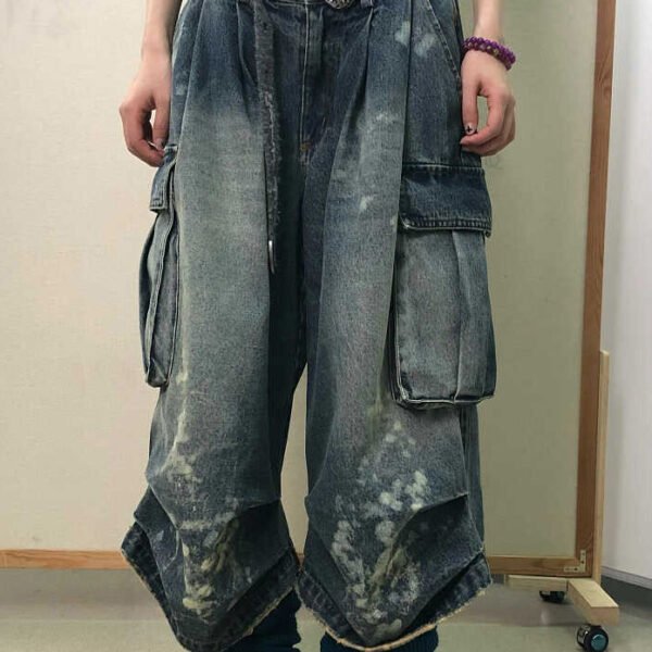 Modern Denim Blue Pockets High Waist Patchwork Crop Pants Fall QF043