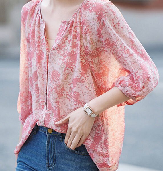 Modern Pink V Neck Print Button Shirt Long Sleeve WW022