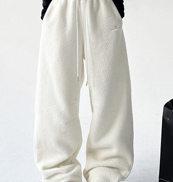 Natural White Elastic Waist Drawstring Beam Pants Spring TA060
