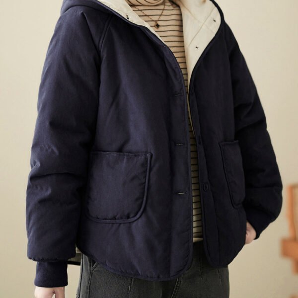 Navy Fine Cotton Filled Loose Hooded Jacket Pockets Button Spring TI008