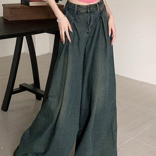 New Blue Pockets High Waist Denim Wide Leg Pants Summer PP009