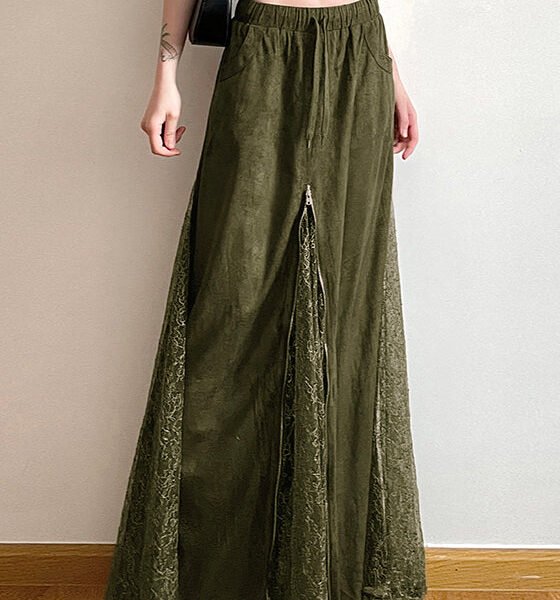 New Green Elastic Waist Lace Patchwork Maxi Skirts Summer PP006