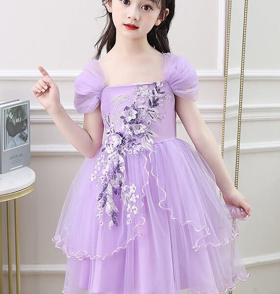 New Purple Embroideried High Waist Tulle Girls Vacation Maxi Dresses Summer EW013