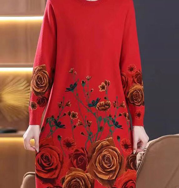 New Red Print Side Open Wool Knit Dresses Long Sleeve TB011