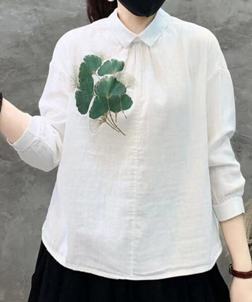 New White Print Button Linen Shirt Long Sleeve RE019