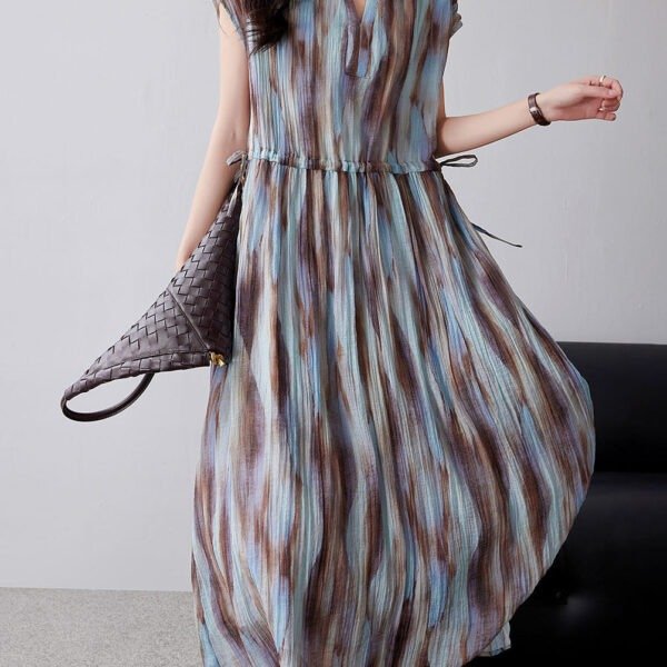 Organic Khaki Cinched Tie Dye Chiffon Maxi Dresses Summer YY010