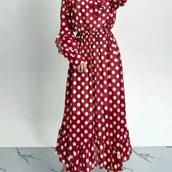 Organic Red Dot Print Ruffled Chiffon Dresses Long Sleeve AY1020