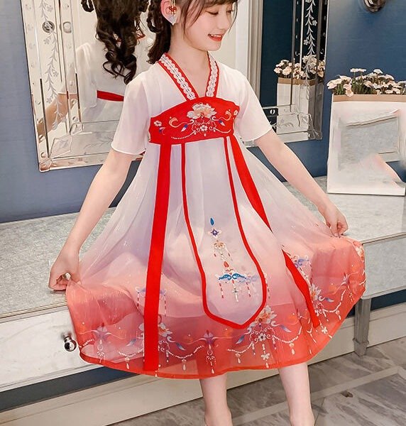 Red V Neck Lace Patchwork Tulle Kids Holiday Maxi Dress Short Sleeve GF015