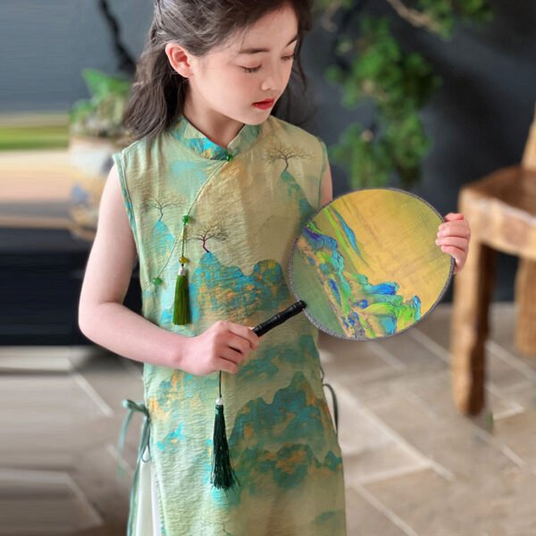 Retro Green Stand Collar Print Tie Waist Kids Maxi Dress Short Sleeve MN030