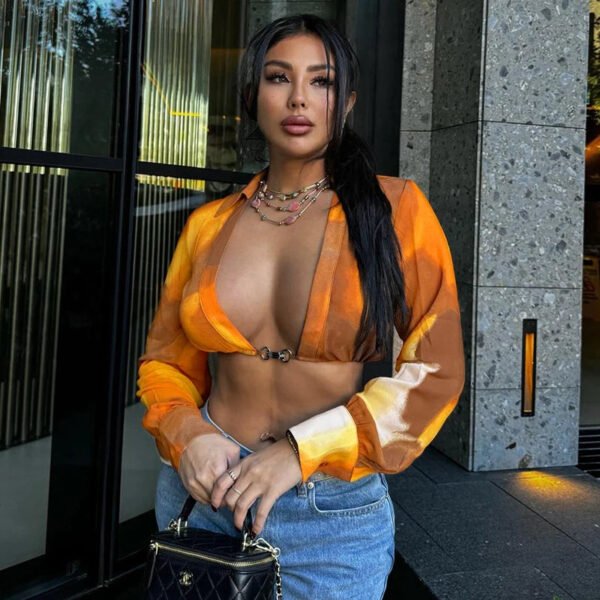 Peopleterritory Autumn V Neck Sexy Long Sleeve Hollow Out Crop Top Turndown Collar Tie Dye Print T Shirt Women Fall Streetwear 2024