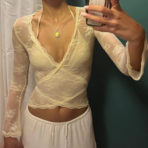 Peopleterritory Sexy Deep V Neck Cross Wrap T-Shirts Fairy Coquette Floral Lace Sheer Blouses Tees Shirt Women Tie Up Cropped Tops Y2k Clothes