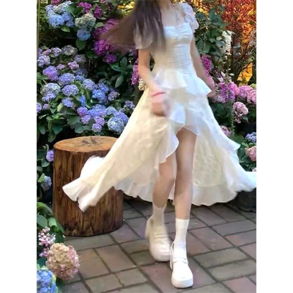 Peopleterritory Women Irregular Midi Dress Y2K 2000S Square Collar One Pieces Dresses Party Fairy Korean Puff Short Sleeve Vestidos New