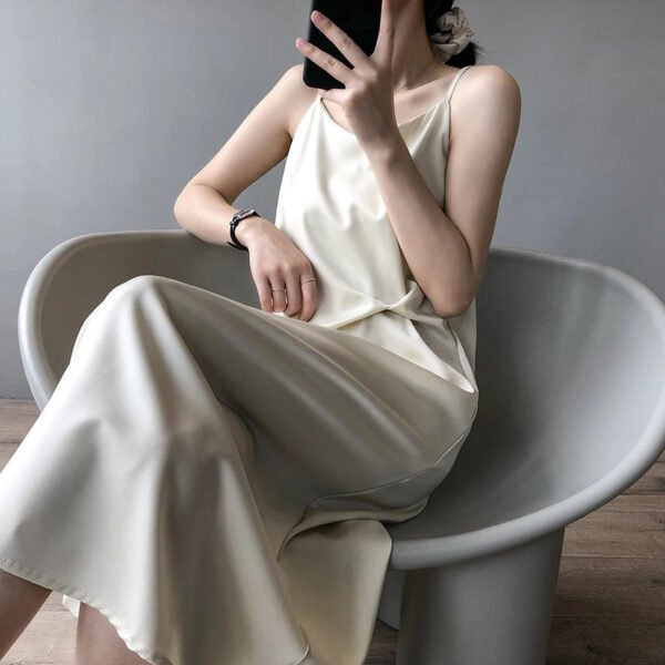 Peopleterritory Elegant Satin Midi Dress Women Vintage Sexy Strap Black One Pieces Dresses Summer Korean Party Prom White A Line Vestidos