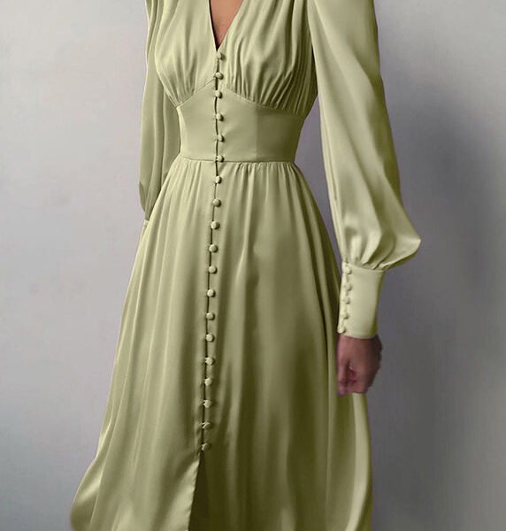 Slim Fit Green V Neck Wrinkled Silk Maxi Dress Puff Sleeve ZL061