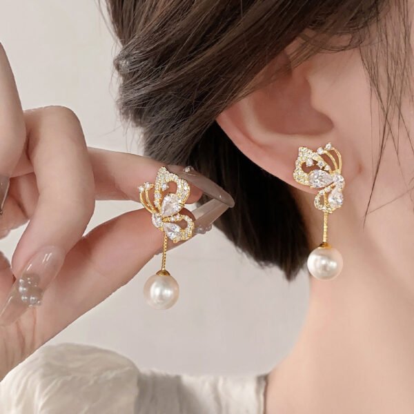 Stylish Gold Sterling Silver Overgild Zircon Butterfly Pearl Drop Earrings YX019