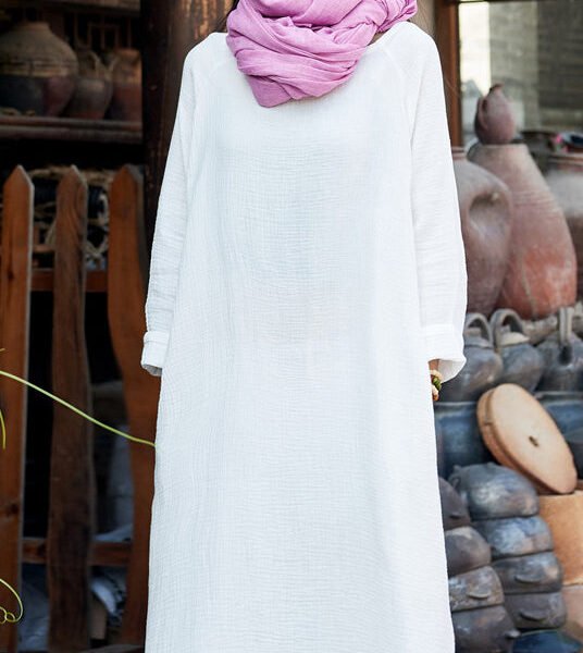 White O-Neck Solid Maxi Dresses Long Sleeve LY1954