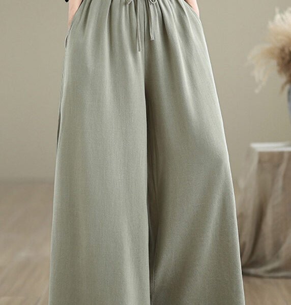 Women Light Green Pockets Elastic Waist Cotton Pants Fall QO046