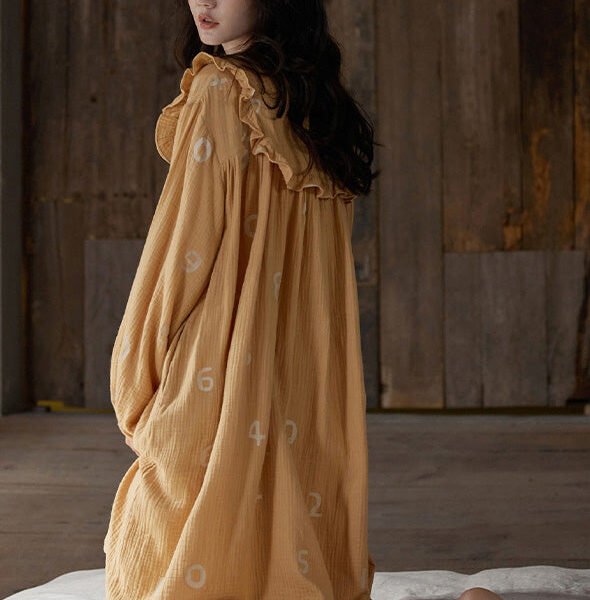 Women Orange Ruffled Print Cozy Cotton Maxi Dress Long Sleeve LY1863