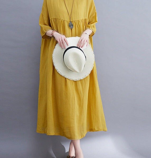 Yellow O-Neck Wrinkled Maxi Dress Half Sleeve UU017