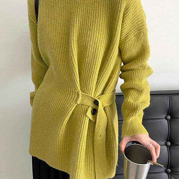 Chic Green Round-Neck Bandage Long Sleeve Knit Sweater AN1036