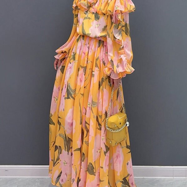 Women Orange Slash Neck Cold Shoulder Patchwork Long Dress Long Sleeve AO1024